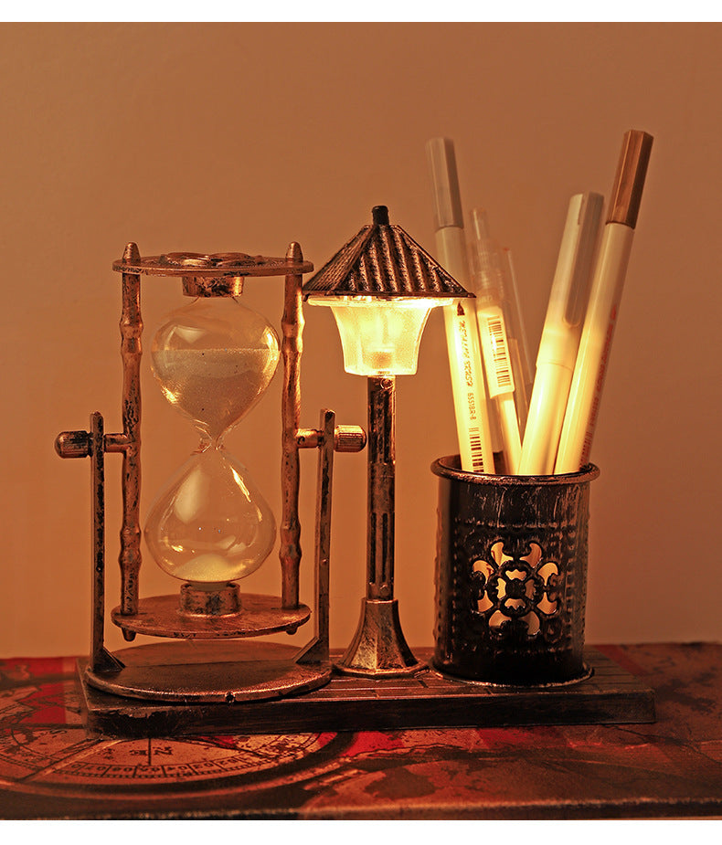 Retro Sandglass Pen Holder with Night Light – Desk Organizer Decor
