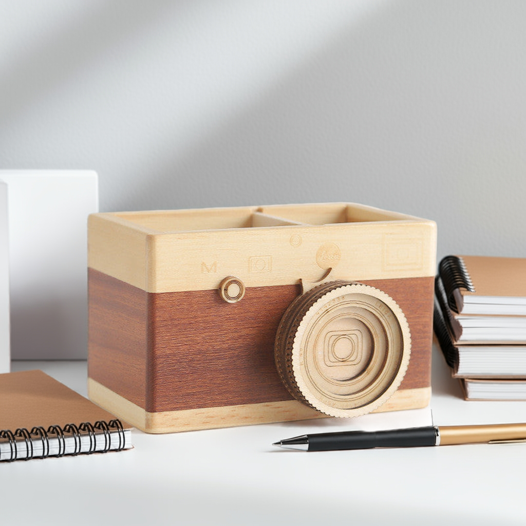 Wooden Camera Pen Holder β Creative Desk Organizer for Stationery & Office Decor