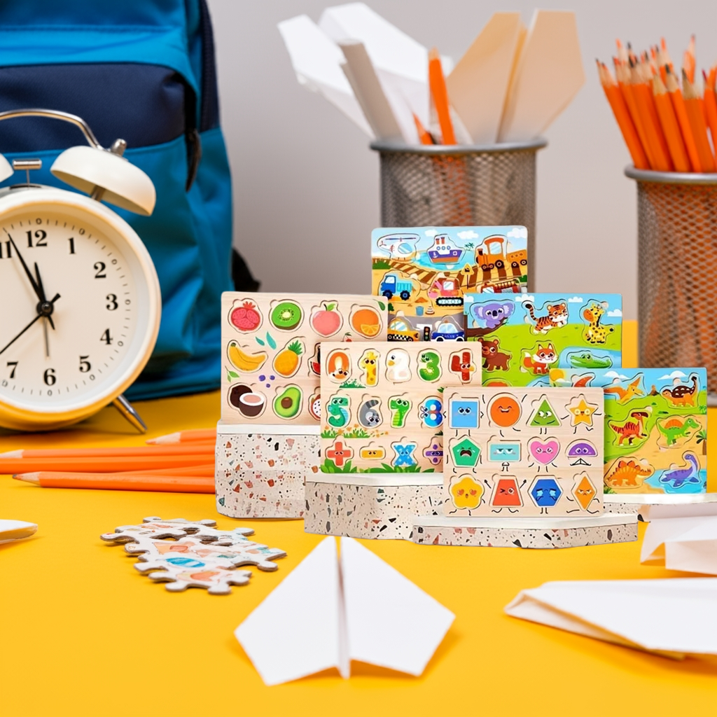 Montessori Wooden Puzzles for Toddlers – 3D Tangram & Grab Board Toy Set