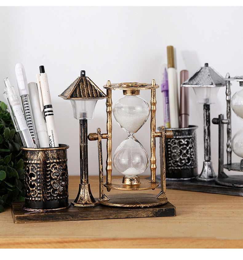 Retro Sandglass Pen Holder with Night Light – Desk Organizer Decor