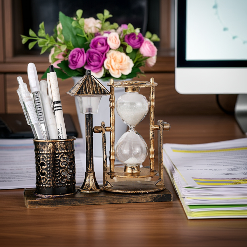 Retro Sandglass Pen Holder with Night Light – Desk Organizer Decor Affordable Cheap