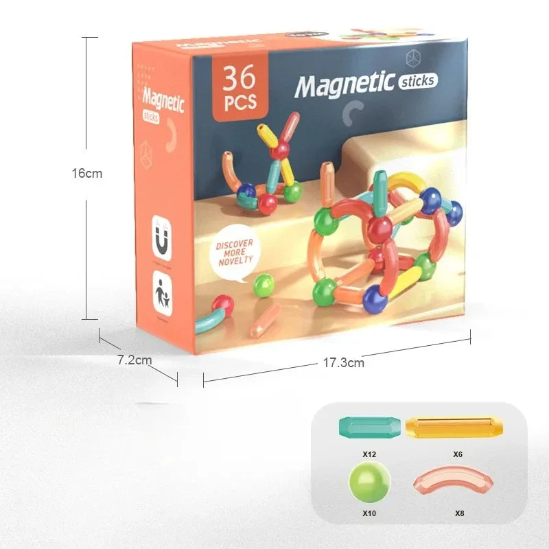 Box of magnetic sticks toy set with dimensions and component details on a white background