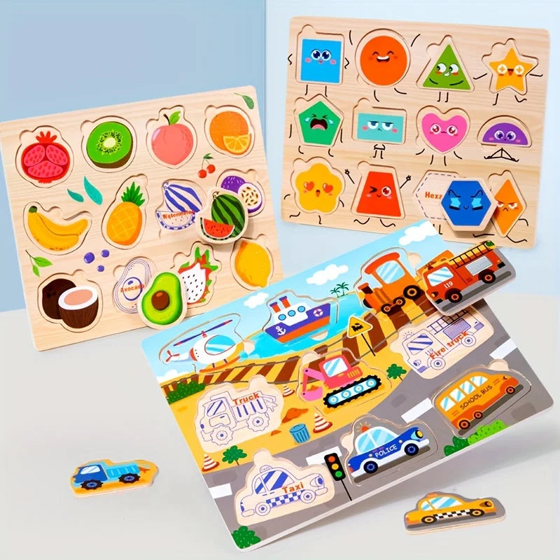 Montessori Wooden Puzzles for Toddlers – 3D Tangram & Grab Board Toy Set