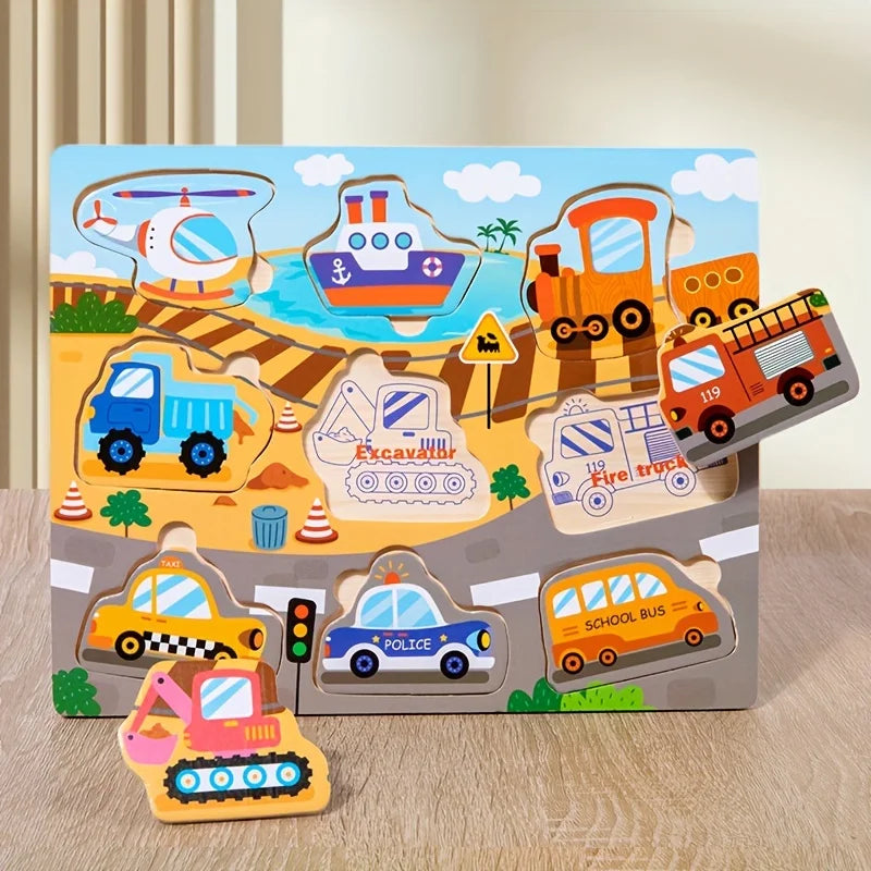 Montessori Wooden Puzzles for Toddlers – 3D Tangram & Grab Board Toy Set