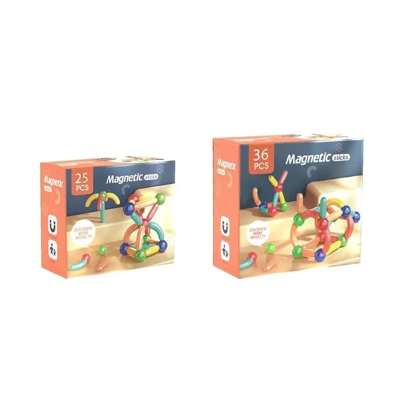 Two boxes of magnetic building stick sets with colorful illustrations on a white background.