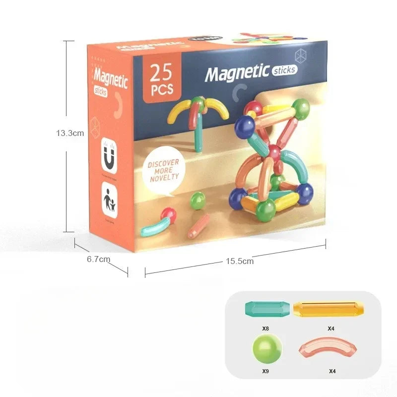 Box of magnetic sticks toy with colorful sticks and dimensions displayed