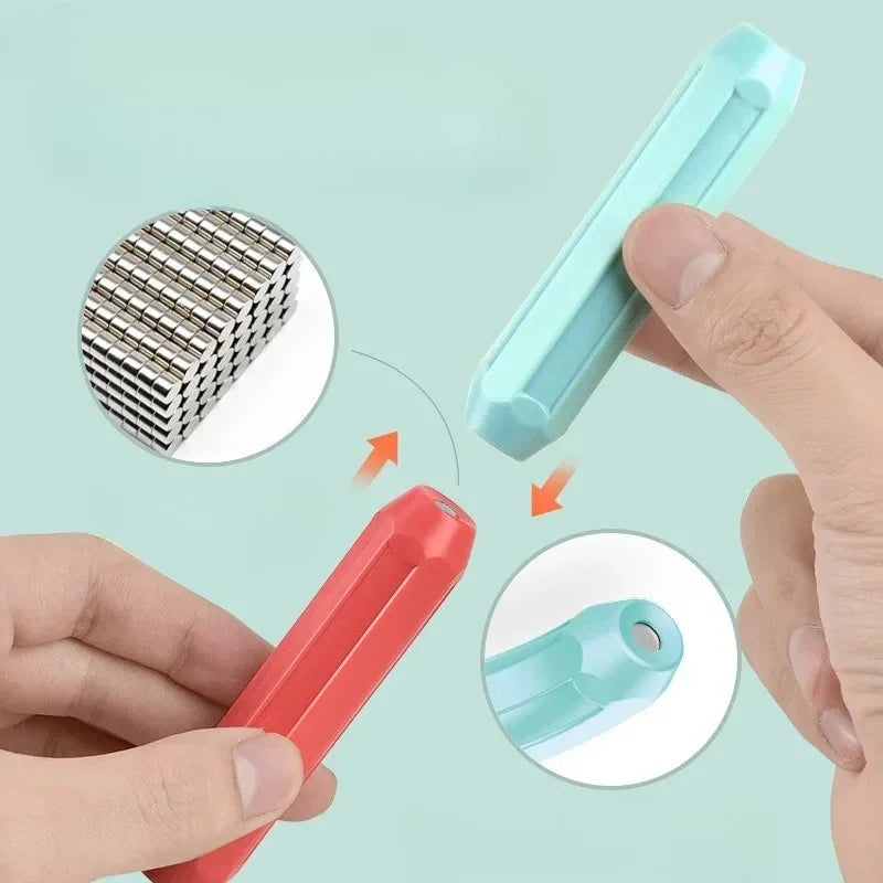 Two magnetic tools being used on a light blue background with close-up insets showing the magnetic properties.