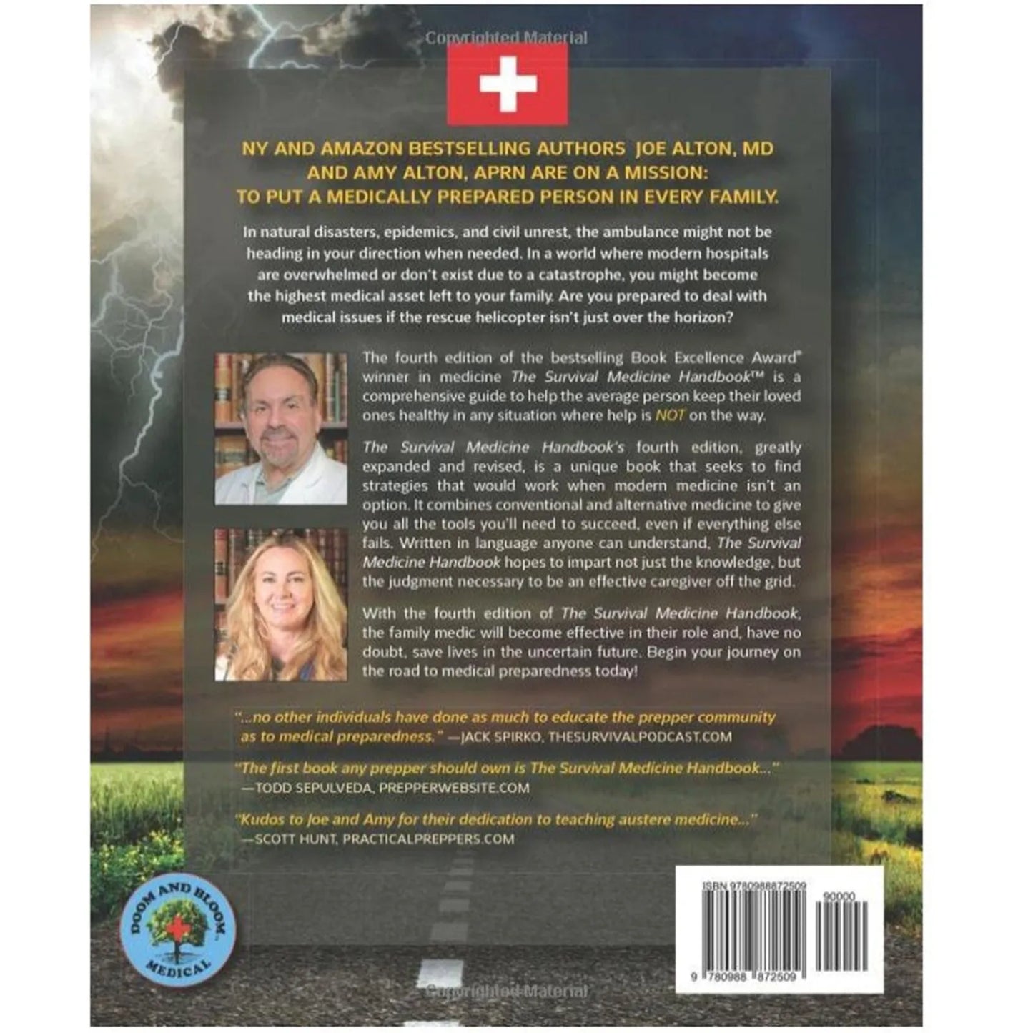 Back cover of a book with text and images of two people, featuring a bar code and logos.