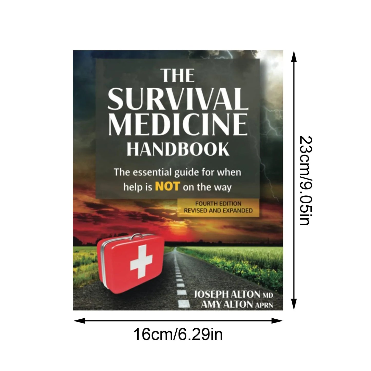 Book titled 'The Survival Medicine Handbook' with dimensions displayed