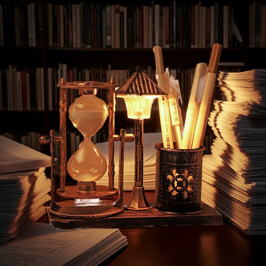 Retro Sandglass Pen Holder with Night Light – Desk Organizer Decor