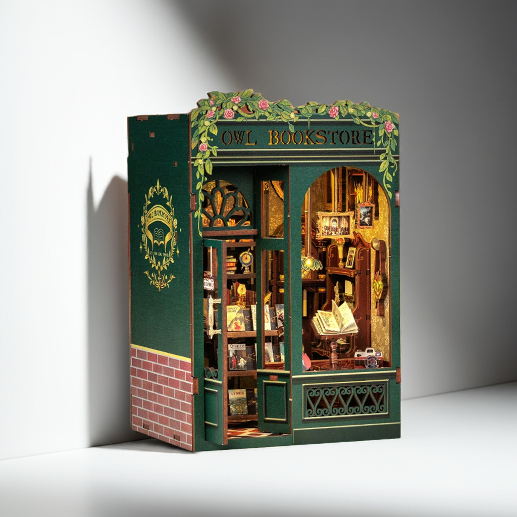 DIY Book Nook Kit with Light – Miniature Wooden Bookshop Insert for Gifts & Decor