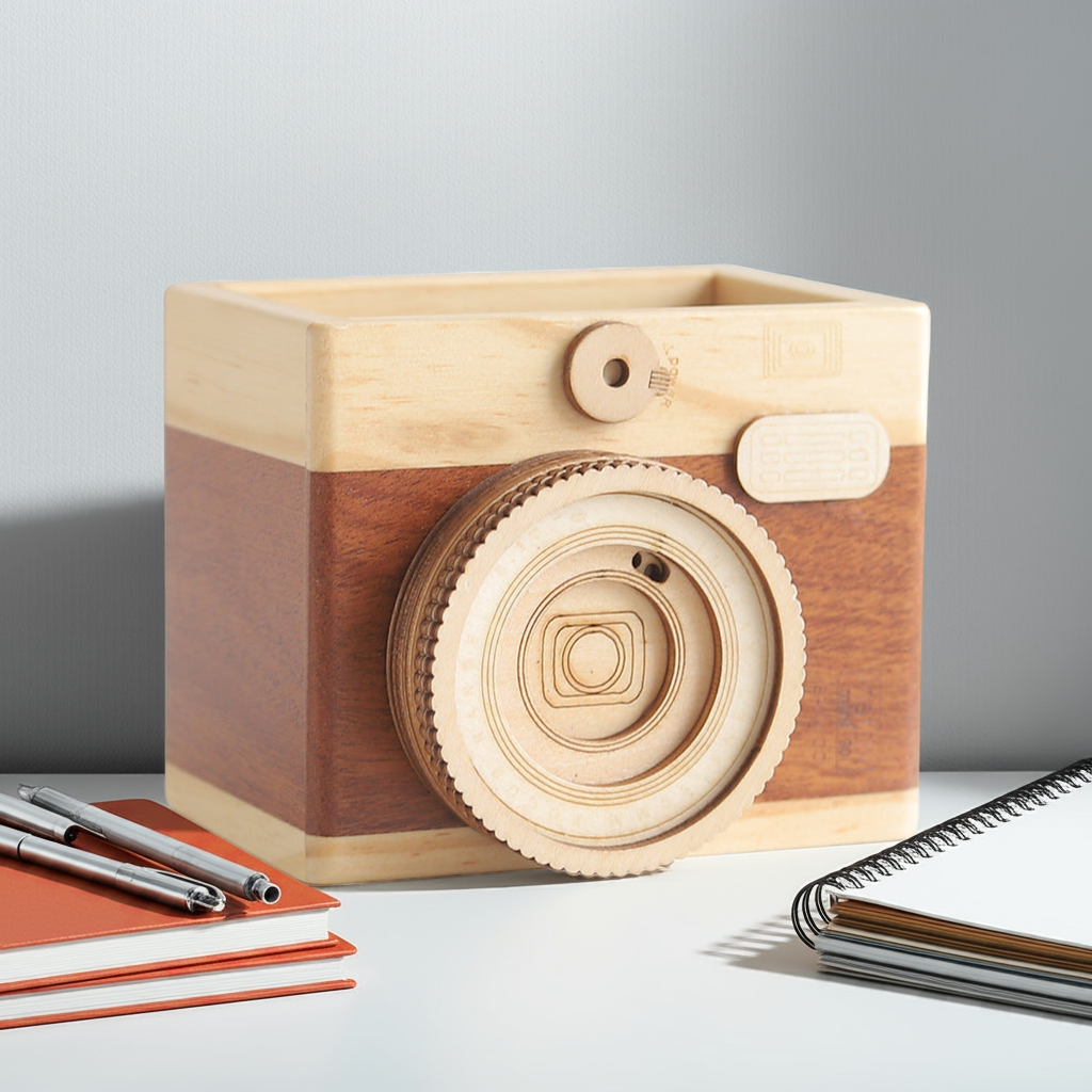 Wooden Camera Pen Holder β Creative Desk Organizer for Stationery & Office Decor