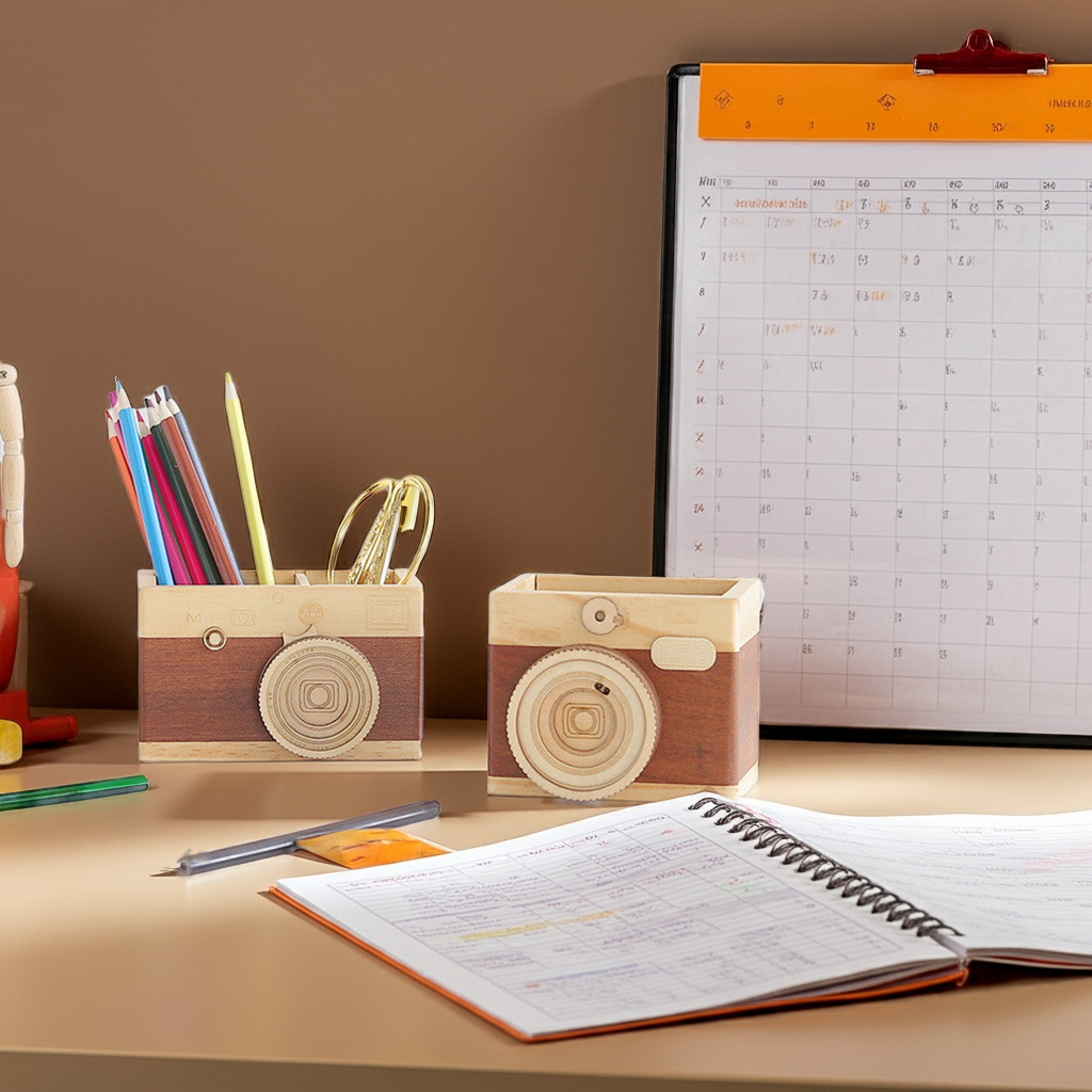 Wooden Camera Pen Holder β Creative Desk Organizer for Stationery & Office Decor