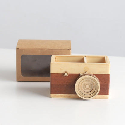 Wooden Camera Pen Holder – Creative Desk Organizer for Stationery & Office Decor