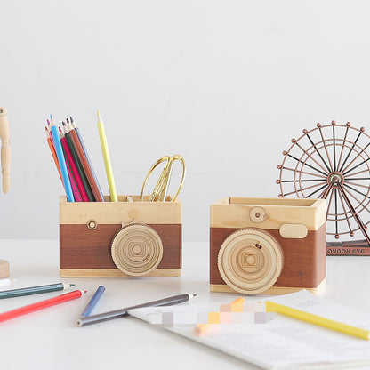 Wooden Camera Pen Holder – Creative Desk Organizer for Stationery & Office Decor