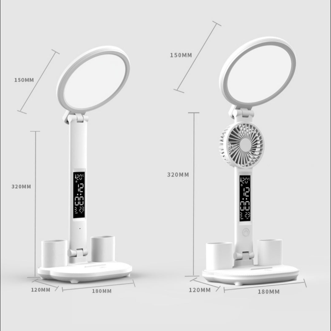 LED Desk Lamp with Clock, USB Fan & Dimmable Light – Foldable Eye-Care Table Lamp for Study, Office & Bedside