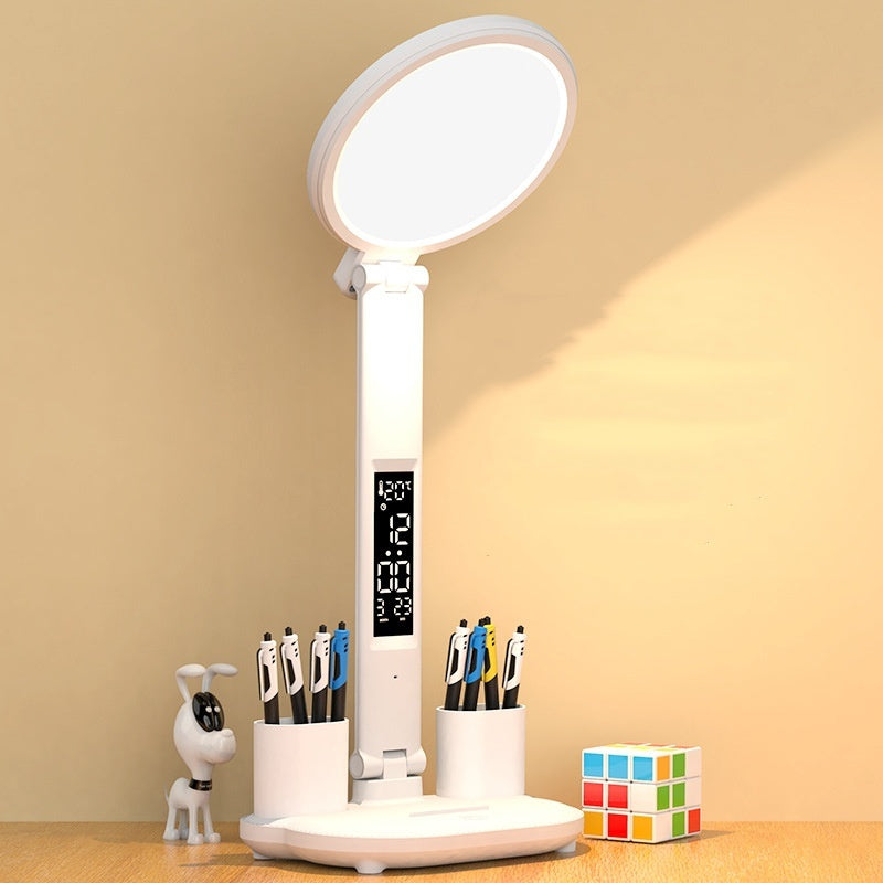 LED Desk Lamp with Clock, USB Fan & Dimmable Light – Foldable Eye-Care Table Lamp for Study, Office & Bedside