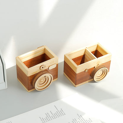 Wooden Camera Pen Holder – Creative Desk Organizer for Stationery & Office Decor