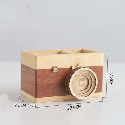 Wooden Camera Pen Holder – Creative Desk Organizer for Stationery & Office Decor
