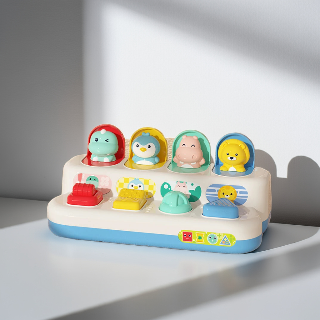 Children's toy with animal figures on a beige surface, featuring text about cognitive skills.