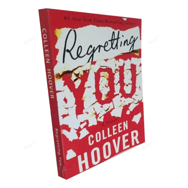 This image features the cover of the novel titled "Regretting You" by Colleen Hoover. The cover design is striking with a bold red background and prominent white text that highlights the title in a dynamic, broken-piece style.