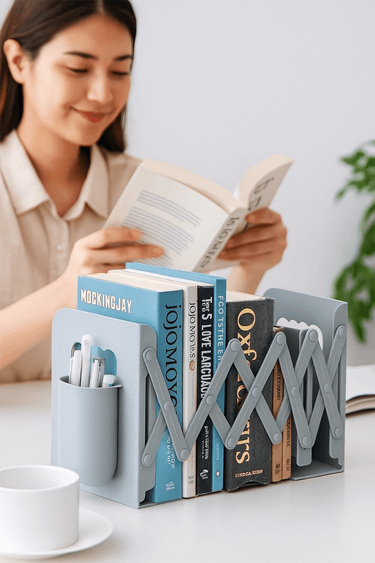 Retractable Bookends with Pen Holder Adjustable Heavy Duty Desk Organizer