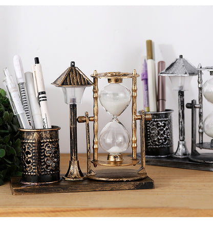 Retro Sandglass Pen Holder with Night Light – Desk Organizer Decor
