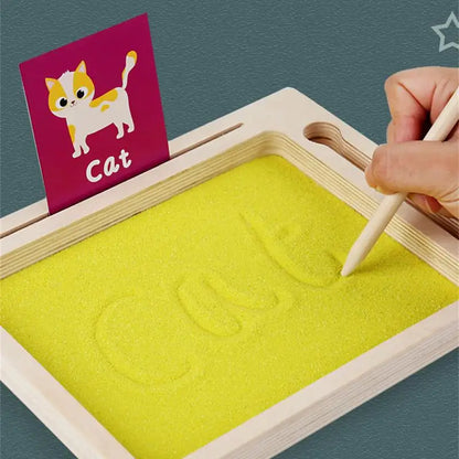 Wooden Montessori Sand Tray With Wooden Pen Includes Alphabet Flashcards For Preschool Writing Letters And Numbers