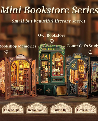 DIY Book Nook Kit with Light – Miniature Wooden Bookshop Insert for Gifts & Decor