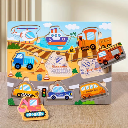 Montessori Wooden Puzzles for Toddlers – 3D Tangram & Grab Board Toy Set