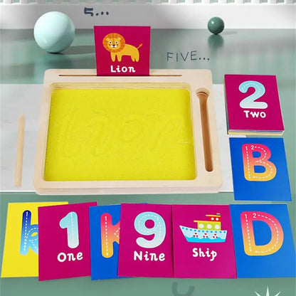 Wooden Montessori Sand Tray With Wooden Pen Includes Alphabet Flashcards For Preschool Writing Letters And Numbers