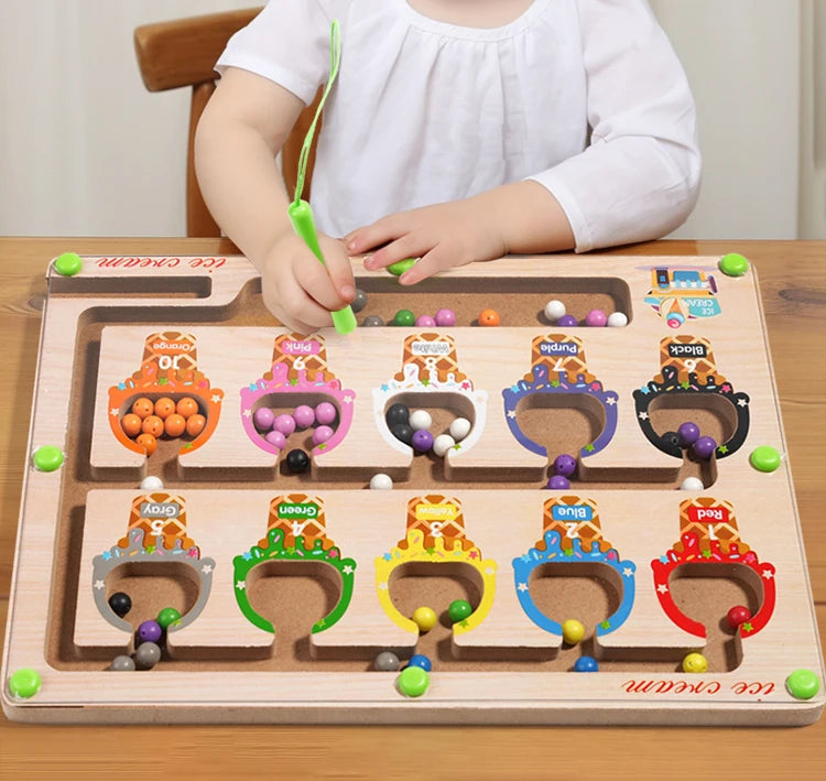 Montessori Magnetic Color Sorting Maze Board – Wooden Bead Game for Kids (3-12Y)