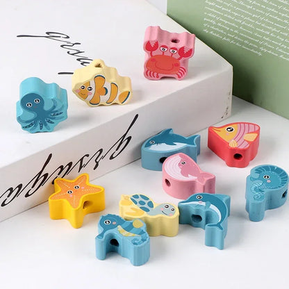 Kids Montessori Wooden Lacing Toy DIY Wooden Beads For Children Cartoon Animals Fruit Letter Digital Beads Threading Toys Gifts