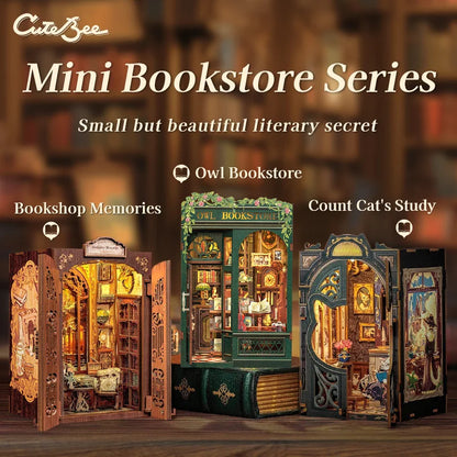 DIY Book Nook Kit with Light – Miniature Wooden Bookshop Insert for Gifts & Decor