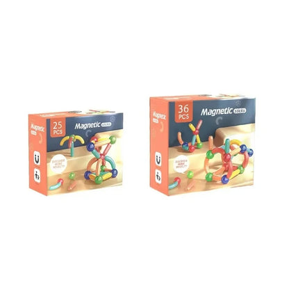 Two boxes of magnetic building stick sets with colorful illustrations on a white background.
