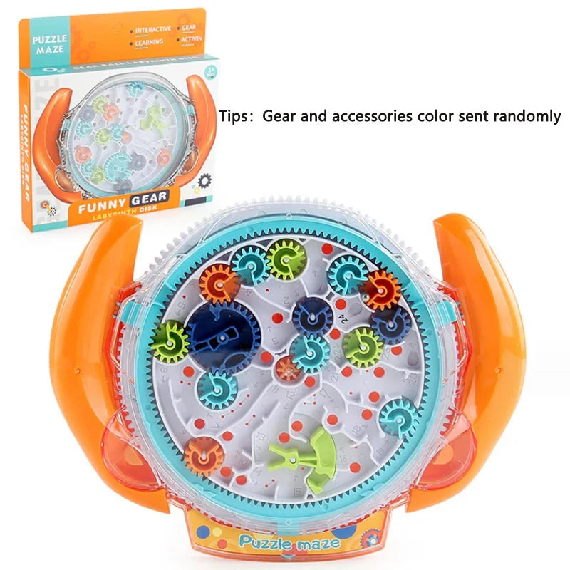 Orange Colorful gear puzzle maze toy with packaging on a white background