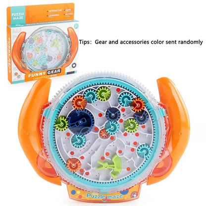 Orange Colorful gear puzzle maze toy with packaging on a white background