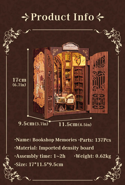 DIY Book Nook Kit with Light – Miniature Wooden Bookshop Insert for Gifts & Decor