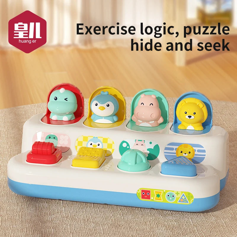 Children's toy with animal figures on a beige surface, featuring text about cognitive skills.