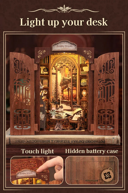 DIY Book Nook Kit with Light – Miniature Wooden Bookshop Insert for Gifts & Decor