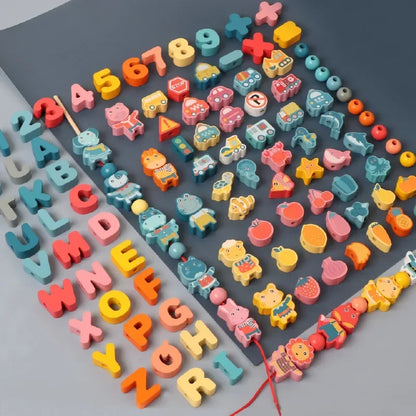 Kids Montessori Wooden Lacing Toy DIY Wooden Beads For Children Cartoon Animals Fruit Letter Digital Beads Threading Toys Gifts