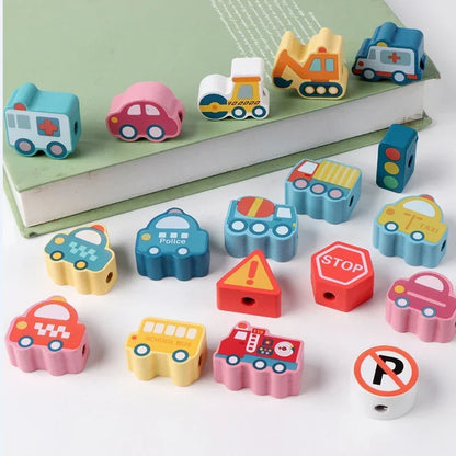 Kids Montessori Wooden Lacing Toy DIY Wooden Beads For Children Cartoon Animals Fruit Letter Digital Beads Threading Toys Gifts