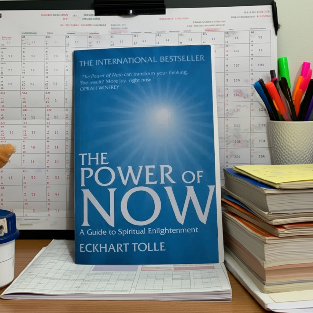 A cover image of the book titled 'The Power of Now' by Eckhart Tolle, featuring a blue background with a bright light and rays of light originating from the center.