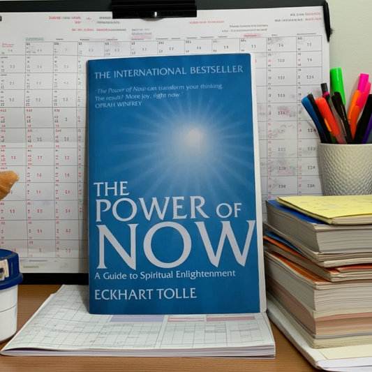 A cover image of the book titled 'The Power of Now' by Eckhart Tolle, featuring a blue background with a bright light and rays of light originating from the center.