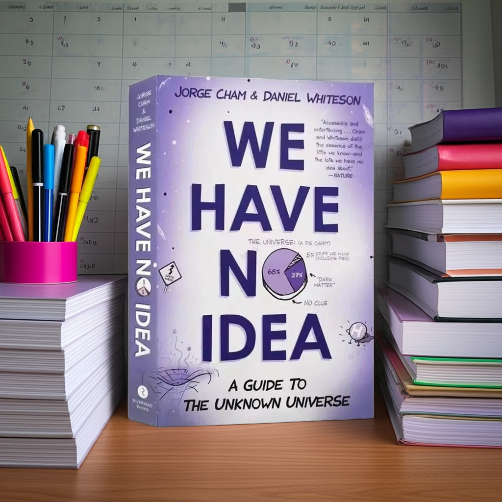 Cover of the book 'We Have No Idea' by Jorge Cham & Daniel Whiteson, featuring a graphic of a character holding a pie chart and text indicating the book's topic.