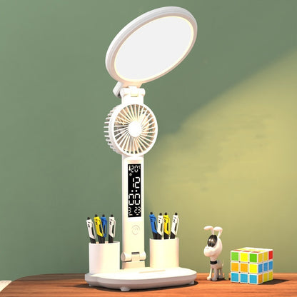 LED Desk Lamp with Clock, USB Fan & Dimmable Light – Foldable Eye-Care Table Lamp for Study, Office & Bedside