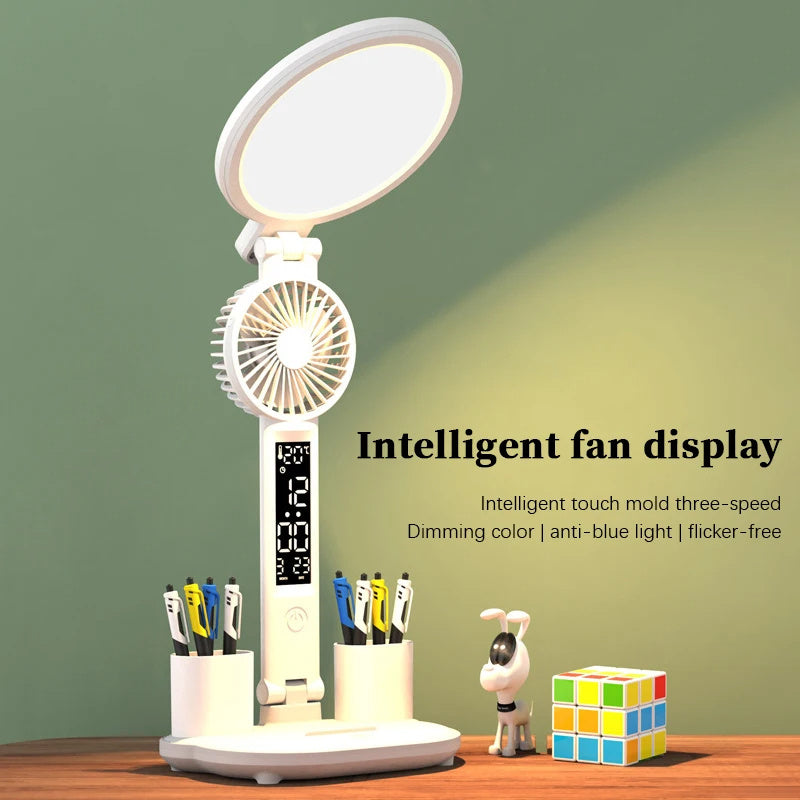 LED Desk Lamp with Clock, USB Fan & Dimmable Light – Foldable Eye-Care Table Lamp for Study, Office & Bedside