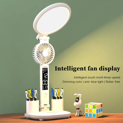 LED Desk Lamp with Clock, USB Fan & Dimmable Light – Foldable Eye-Care Table Lamp for Study, Office & Bedside
